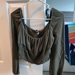 Army green cropped long sleeve blouse